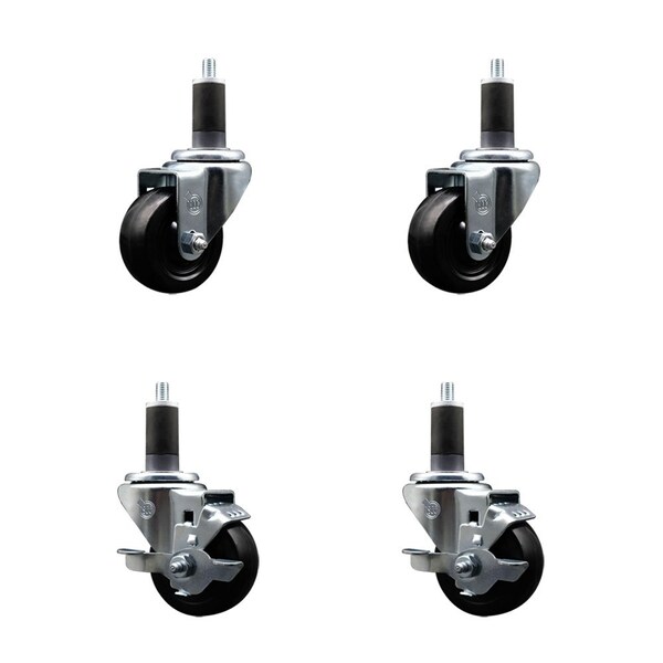 3'' Soft Rubber Wheel Swivel 1-1/4'' Expanding Stem Caster Set 2 Brakes, 4PK